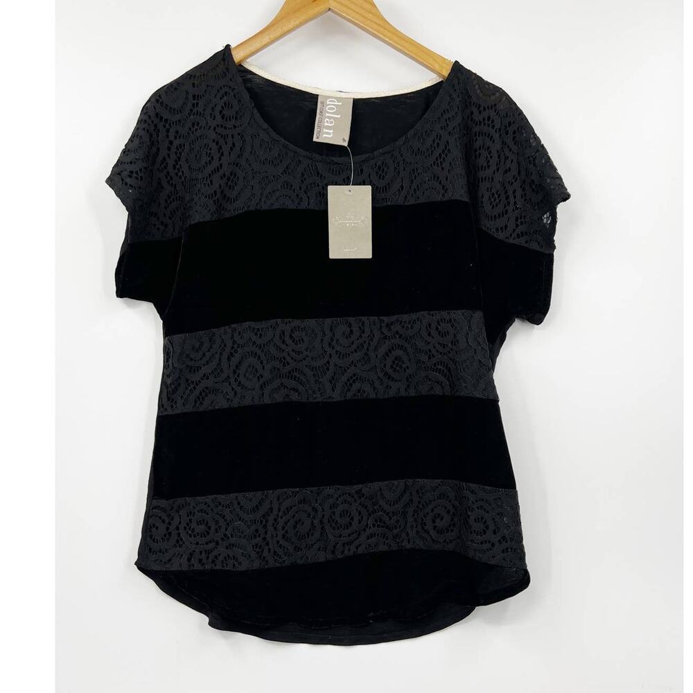 Anthropologie Dolan Lace‎ Velvet Blouse Medium Short Sleeve Black New